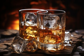 Whiskey on rustic background with ice cubes and selective focus for brandy or spirits concept