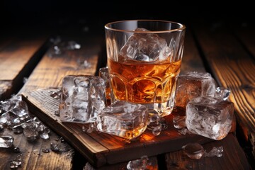 Whiskey glass with ice on rustic wooden background, selective focus for brandy or alcohol beverage