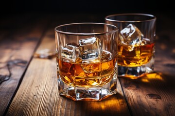 Premium whiskey on rustic background with ice cubes, selective focus   alcoholic beverage or brandy