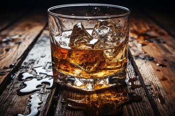 Whiskey on rustic background with ice, brandy glass, selective focus for bar or lounge setting
