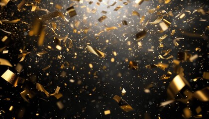 Golden streamers and glitter particles falling with spotlight illumination on a black background....