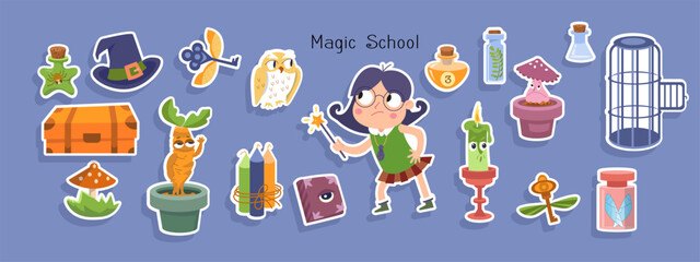 Cute witch girl with magic wand, objects on blue background. Halloween and wizard school. Cartoon stickers for design. Vector illustration.