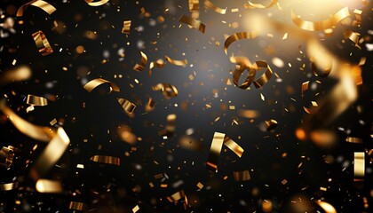 Black abstract festive background with explosion of golden serpent confetti and gold ribbons and shimmer. Dark festive abstract background. Good for awards, congratulations, cards