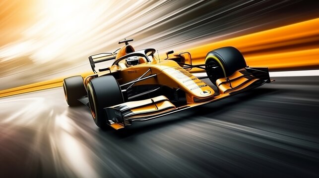 A racer speeds past on a racing car in a motor sports competitive team racing event, with a motion blur background. Rendered in 3D.