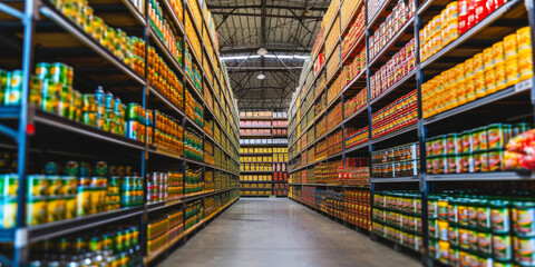 large warehouse with shelves with cans of canned vegetables --ar 2:1 --v 6 Job ID: e8408974-987a-4012-8202-a466f1c102f7 - obrazy, fototapety, plakaty