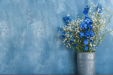 A composition of blue delphiniums and white baby's breath, placed in a tin can on a blue wall.