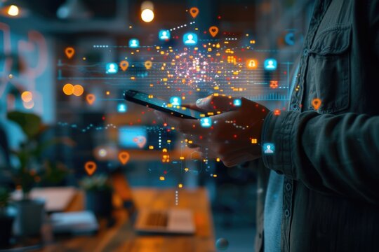 Person using smartphone with futuristic glowing digital icons hologram of followers displayed on screen, surrounded by a mix of real and fake followers. Urban connectivity and smart city concept. - Powered by Adobe