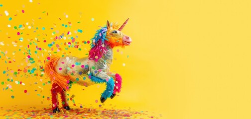 Unicorn pinata with colorful mane in motion. Studio shot on yellow background with confetti. Mexican piñata. Party and celebration concept. Design for festive banner, invitation, greeting card - Powered by Adobe