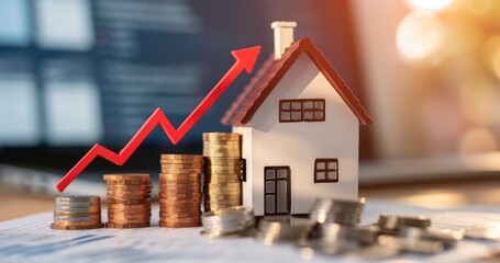The concept of price appreciation of real estate and country houses. Model house with a rising red arrow and coin stacks. Real estate investment and property value appreciation