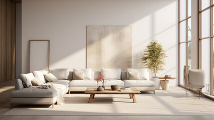 Fototapeta na wymiar A stylish living room with a neutral palette and minimalist decor, featuring a white couch and grey rug