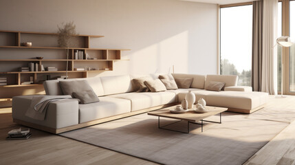 A stylish living room with a neutral palette and minimalist decor, featuring a white couch and grey rug - obrazy, fototapety, plakaty