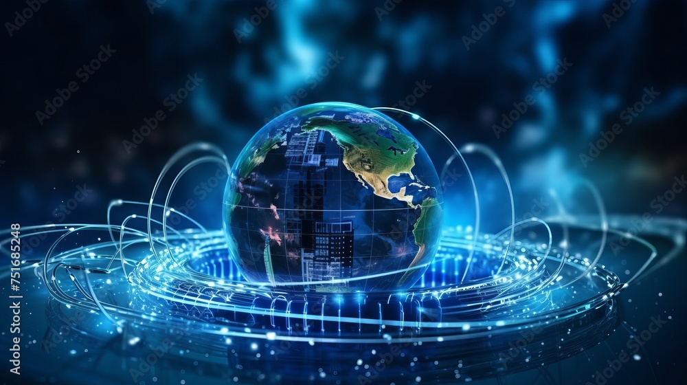 Poster abstract 3d graphics illustrating the technological globalization of earth, emphasizing artificial i