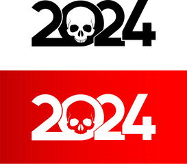 New Year 2024. Red and White Print with Zero Symbol as Human Skull. Isolated Illustration of New Year 2024 - Covid Coronavirus Concept on White and Red - 751685254