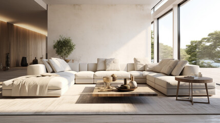 A stylish living room with a neutral palette and minimalist decor, featuring a white couch and grey rug - obrazy, fototapety, plakaty
