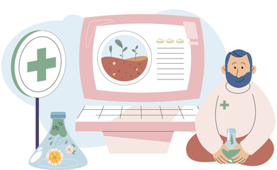 Herbal medicine and alternative homeopathy concept with scientists at monitor with plants. Organic treatment elements with natural products, herb pharmacy, use of plant properties for human treatment