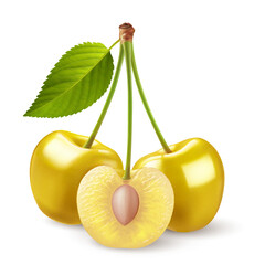 Isolated yellow cherries on one stem with green leaf on white backdrop. Three sweet cherry fruits on one stem, one cut in half with a pit - 751685493