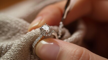 Jeweller cleaning jewelry diamond ring with fabric cloth