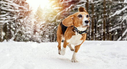 Beagle Dog Running in winter snowy forest at sunset - 751685887