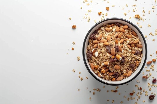 Delicious muesli arranged in a plate on a tabletop, captured from an overhead perspective against a white background. The minimalist layout with copy space for the addition of text.