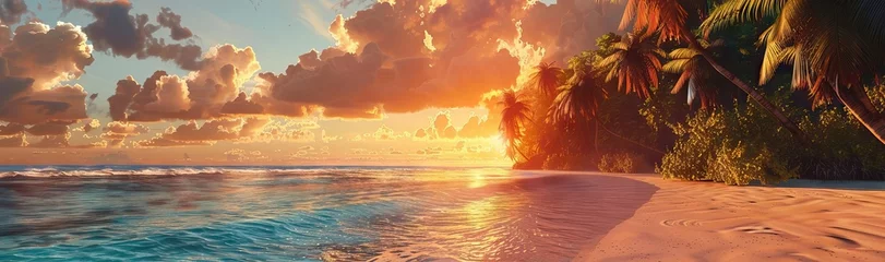 Gordijnen Sunset with palm trees on beach, landscape of palms on sea island. AI generated illustration © Gulafshan