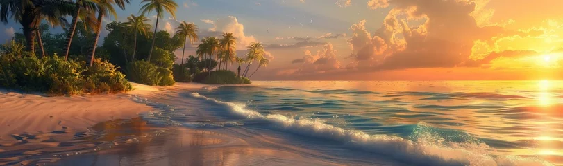 Foto auf Acrylglas Sunset with palm trees on beach, landscape of palms on sea island. AI generated illustration © Gulafshan
