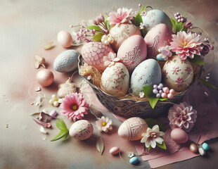 Painted and decorated easter eggs, basket with easter eggs on a vintage background