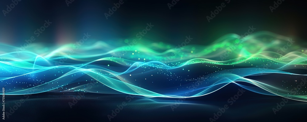 Poster abstract futuristic background with green blue glowing neon moving high speed wave lines and bokeh l