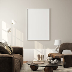 Frame mockup, ISO A paper size. Living room wall poster mockup. Interior mockup with house background. Modern interior design. 3D render
- 751686458