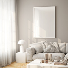 Naklejki  Frame mockup, ISO A paper size. Living room wall poster mockup. Interior mockup with house background. Modern interior design. 3D render 