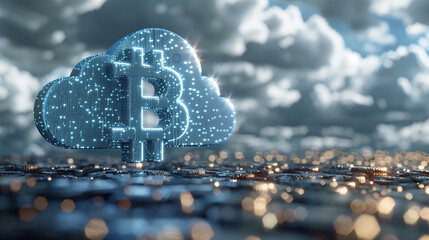 Illustration of bitcoin cloud mining featuring BTC symbol above clouds with digital elements - obrazy, fototapety, plakaty