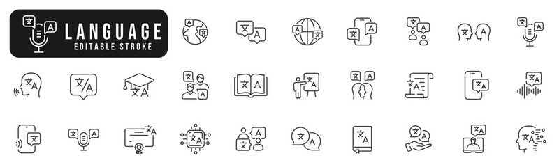 Set of language line icons. Translator, phone, dictionary, speech, talk etc. Editable stroke