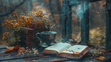 An open book sitting on top of a wooden table