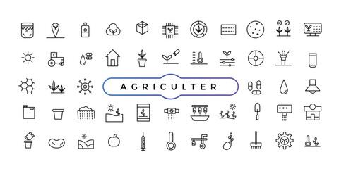 Agriculture and Farming Line Icons. Contains such Icons Harvester trucks, tractors, farmers and village farm buildings. Outline icon collection.