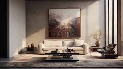 A stylish living room with a textured wall finish, a glass coffee table, and an abstract art piece
