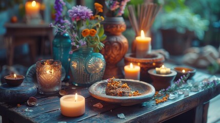 A wooden table topped with a plate of food and candles