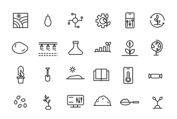 Agriculture and Farming Line Icons. Contains such Icons Harvester trucks, tractors, farmers and village farm buildings. Outline icon collection.