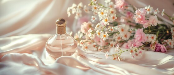 Perfume bottles and groups of flowers, pink trim, beautiful flowing fabric background generate ai