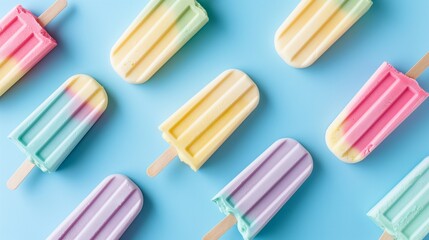 Pastel ice cream skewers arranged on a blue background. Top view generate ai