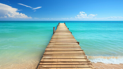 On a bright sunny day, a wooden pier or jetty stretches out into the water, offering a picturesque view.