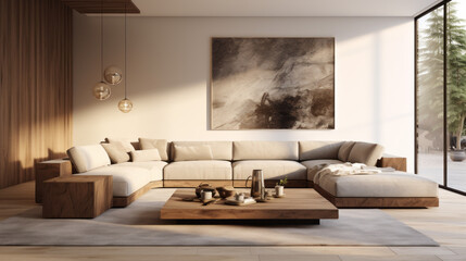 A stylish living room with augmented reality lighting fixtures, a grey sectional, and an abstract area rug