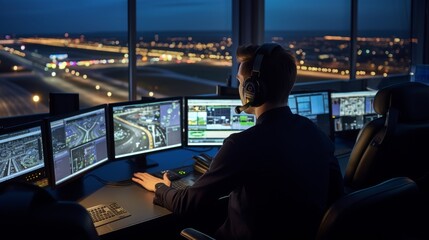  Male Air Traffic Controller with Headset Talk on a Call in Airport Tower.