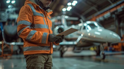Obraz premium In a Hangar Aircraft Maintenance Engineer Shows Technical Data on Tablet Computer to Airplane Technician, They Diagnose Jet Engine Through Open Hatch. They Stand Near Clean Brand New Plane.