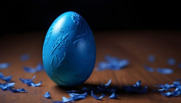 Blue painted easter egg isolated on wooden table macro