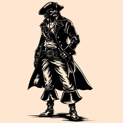 Black and White Pirate Character Outline Silhouette Ornament Vector Art for Logo and Icon, Sketch, Tattoo, Clip Art