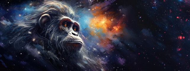 Monkey against cosmic background with space, stars, nebulae, vibrant colors, flames; digital art in fantasy style, featuring astronomy elements, celestial themes, interstellar ambiance - obrazy, fototapety, plakaty