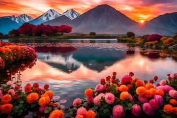 sunset in the mountains, Picture a serene scene where a vase brimming with colorful flowers rests...
