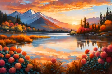 Schilderijen op glas sunset over lake, Picture a serene scene where a vase brimming with colorful flowers rests delicately atop a tranquil body of water, mirroring the vibrant blooms in its reflective surface © SANA