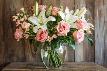 A composition of pink roses and white lilies, arranged in a glass vase on a wooden table