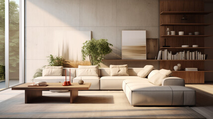 A stylish living room featuring a sectional sofa, Smart Home controls, and a stylish media center