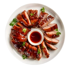 Fotobehang Peking Roasted peking duck with sauce on plate top view isolated on transparent background  © Oksana